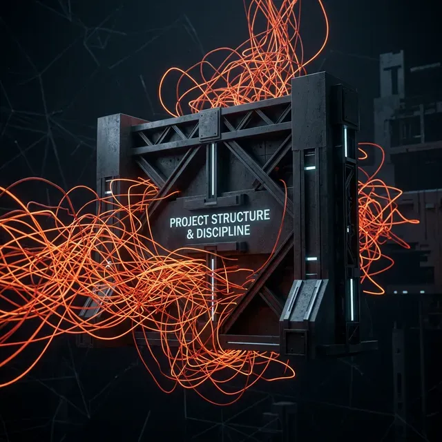 A conceptual illustration of unstructured communication lines trying to bypass a solid structural gate, representing the enforcement of project discipline.