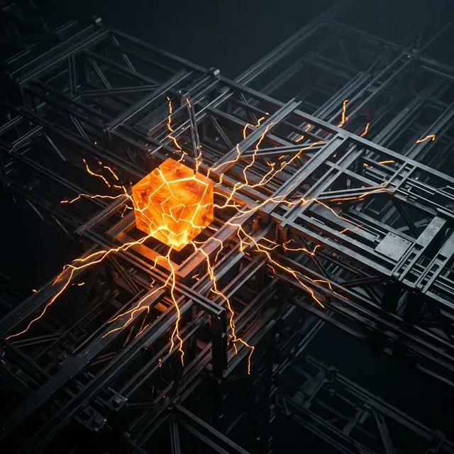 A highly stylized 3D digital illustration of a single glowing orange block shifting slightly out of place, causing chaotic glowing fracture lines to ripple out through an otherwise pristine structure of dark, interlocking metallic beams.
